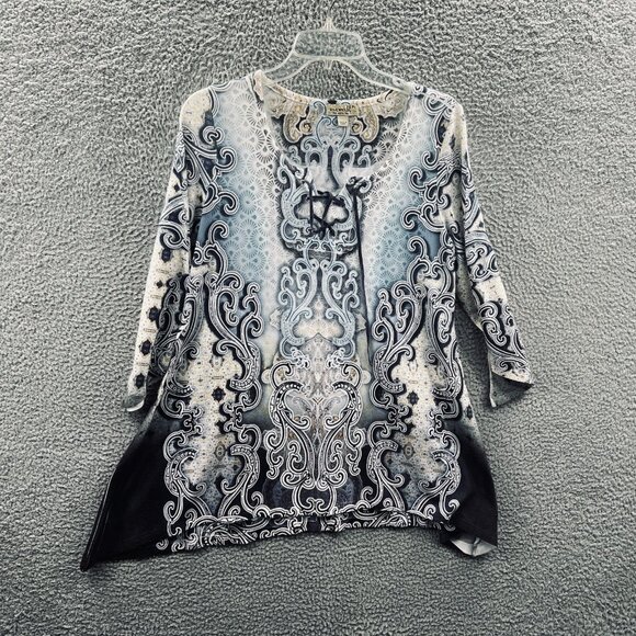 One World Womens Top Large Petite Fairy Festival Hippie Boho Asymmetric Hem - Picture 1 of 10